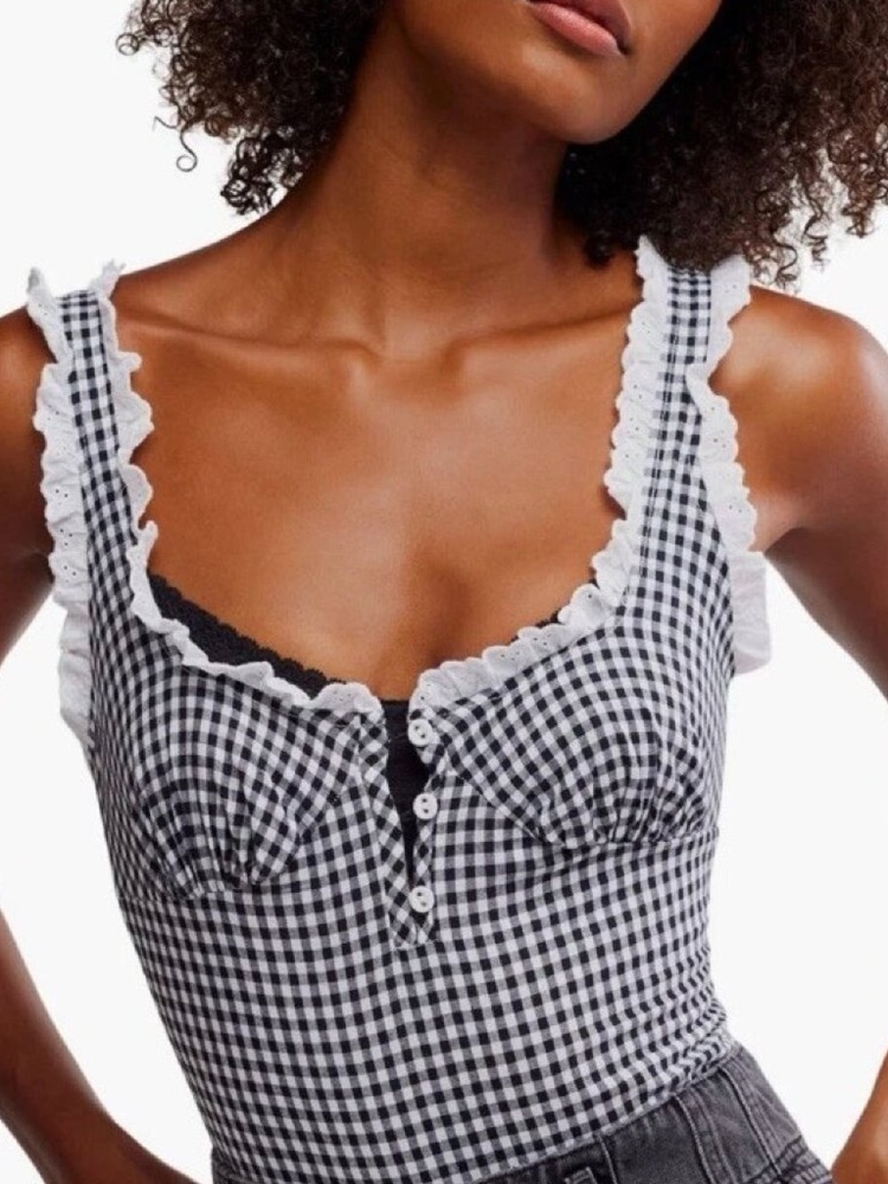Free People Revolve Black & White Gingham Ruffle Button-Up Bodysuit Size Large